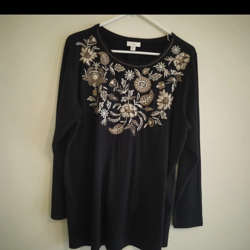 J. Jill Black Long Sleeve Top with Floral Embroidery